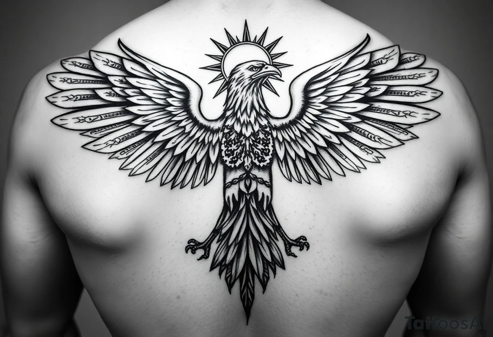 i am looking at getting a russian / serbian style eagle spread out on my back neck across my shoulders / traps in a orthodox christian style setting with a sun beaming and in a mountainous setting give me some ideas tattoo idea