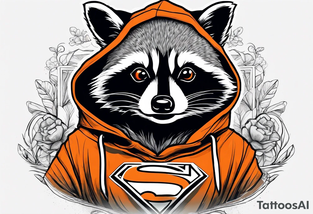 Raccoon wearing an orange Superman hoodie tattoo idea