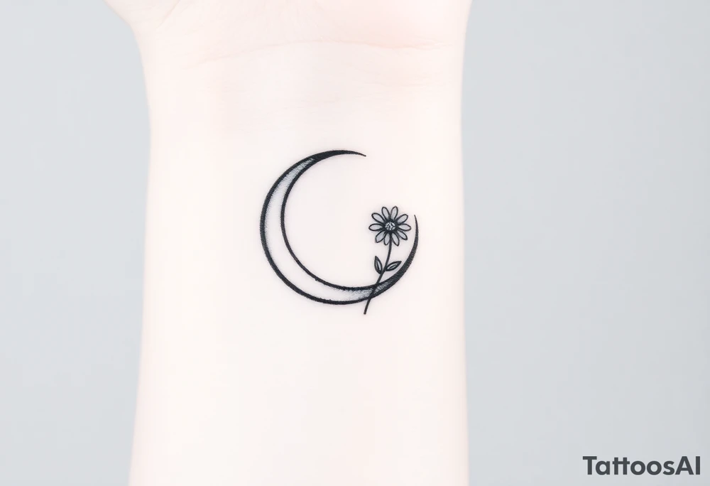 Small black and white tattoo waxing crescent moon with small Daisy birth flower and tiny leo gliph tattoo idea