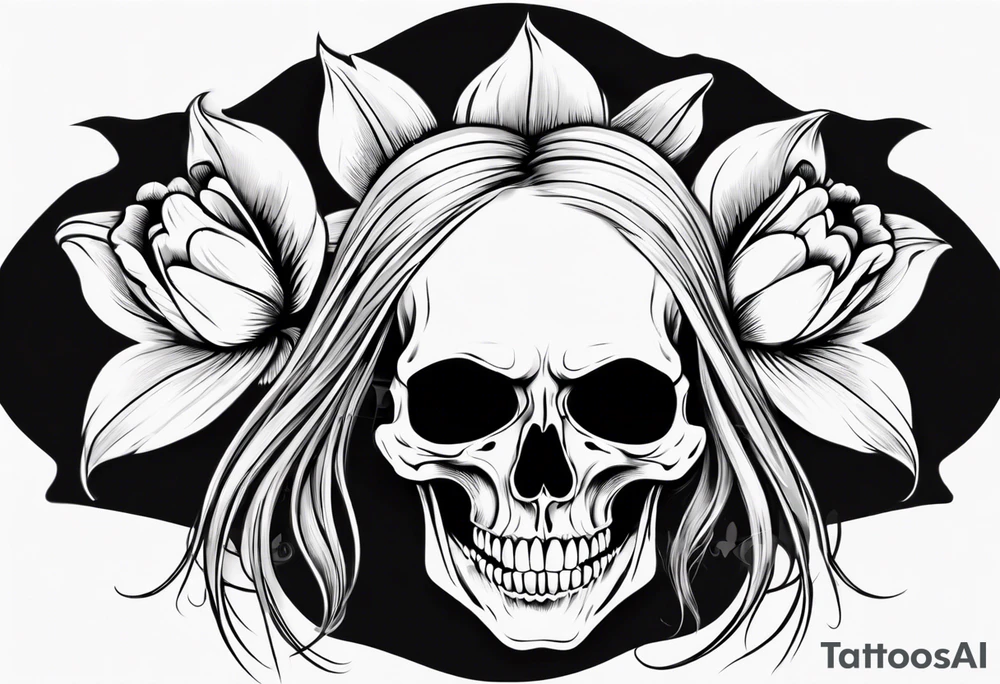 female skull with long hair, from side, tulip steem between teeths tattoo idea female skull with long hair, from side, tulip steem between teeths tattoo idea