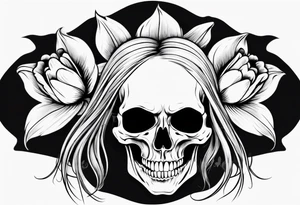 female skull with long hair, from side, tulip steem between teeths tattoo idea