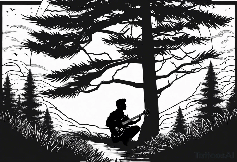 silhouette of a man playing electric guitar while sitting in a pine tree. super simple sketch tattoo idea