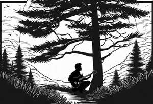 silhouette of a man playing electric guitar while sitting in a pine tree. super simple sketch tattoo idea