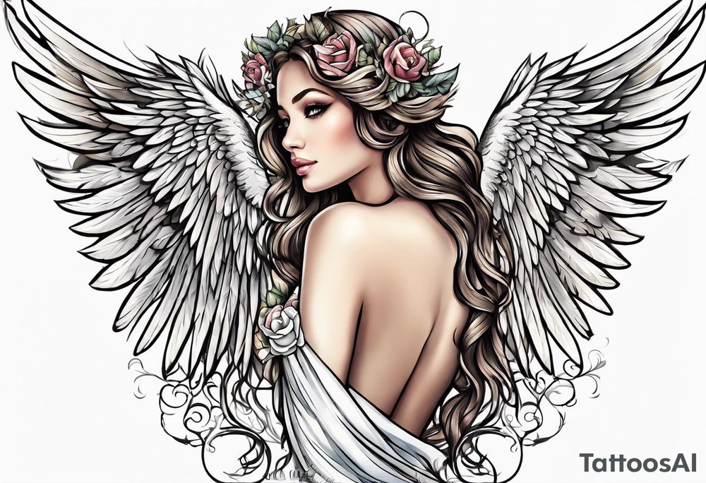 beautiful angel wings. with flilgree in the background tattoo idea