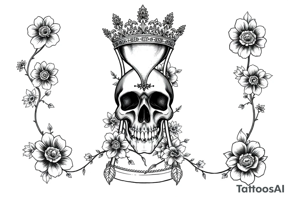 Hourglass with detailed beautiful gothic boho flowers on vine and skull with gorgeous crown tattoo idea
