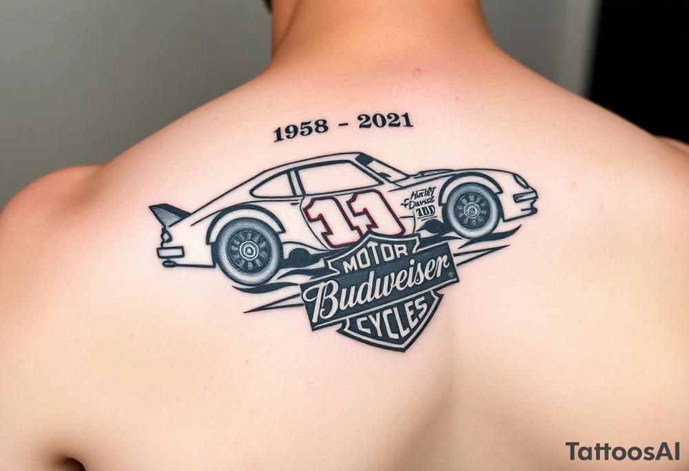 An arm tattoo with the original Dale Earnhardt car on it with the year 1958 to 2021 intertwined with a Harley-Davidson with a Budweiser logo on it tattoo idea