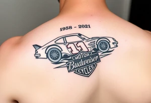 An arm tattoo with the original Dale Earnhardt car on it with the year 1958 to 2021 intertwined with a Harley-Davidson with a Budweiser logo on it tattoo idea