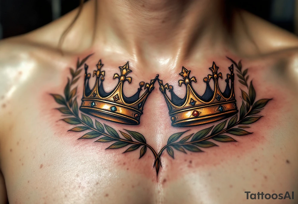 Realistic king and queen crown tattoos with metallic gold tones, surrounded by laurel leaves in muted olive green. tattoo idea