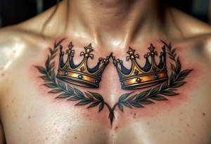 Realistic king and queen crown tattoos with metallic gold tones, surrounded by laurel leaves in muted olive green. tattoo idea