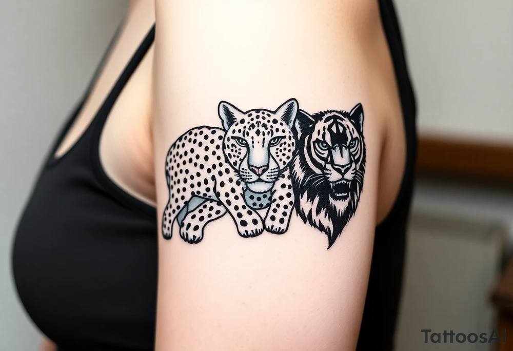 old school style montage of these big cats:
a leopard , a cheetah , a jaguar a black panther and a lion - as a wrap around bracelet style - about 3 inches each cat - on my upper right arm right above the elbow tattoo idea