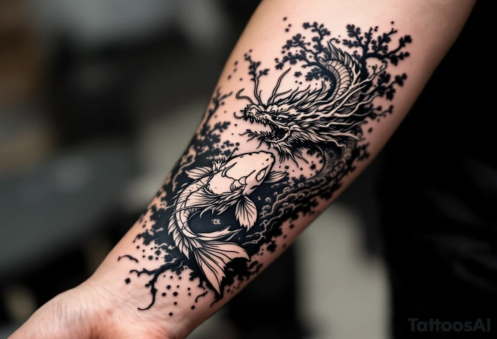 koi fish fighting a dragon with a sakura tree in the background, Japanese inspired piece tattoo idea