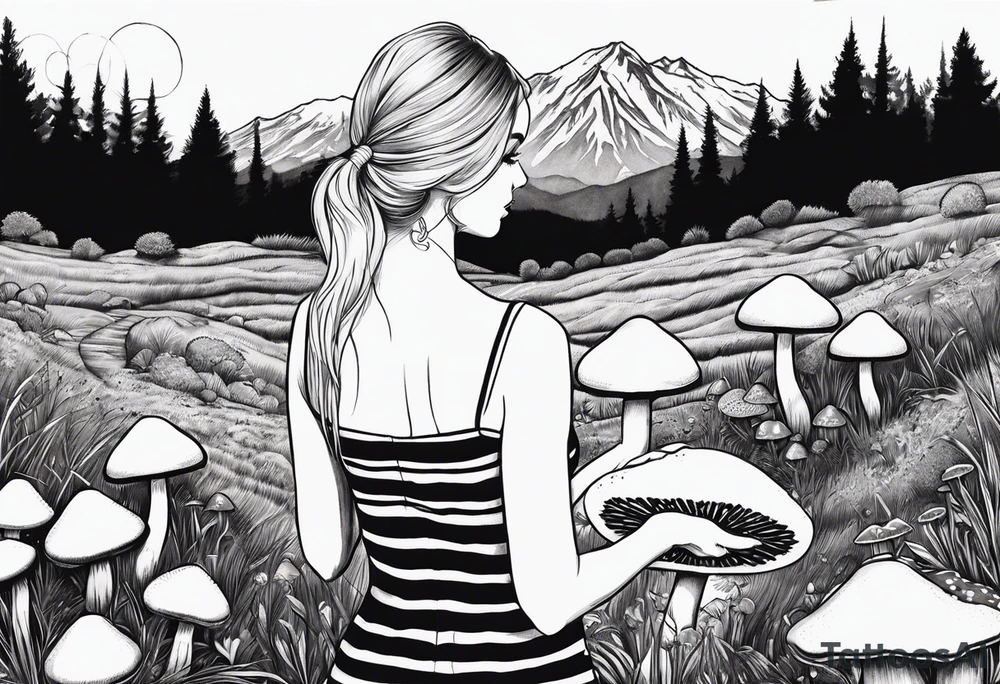 Straight blonde hair girl holding mushrooms in hand facing away toward mountains surrounded by mushrooms circular design black and white striped dress tattoo idea
