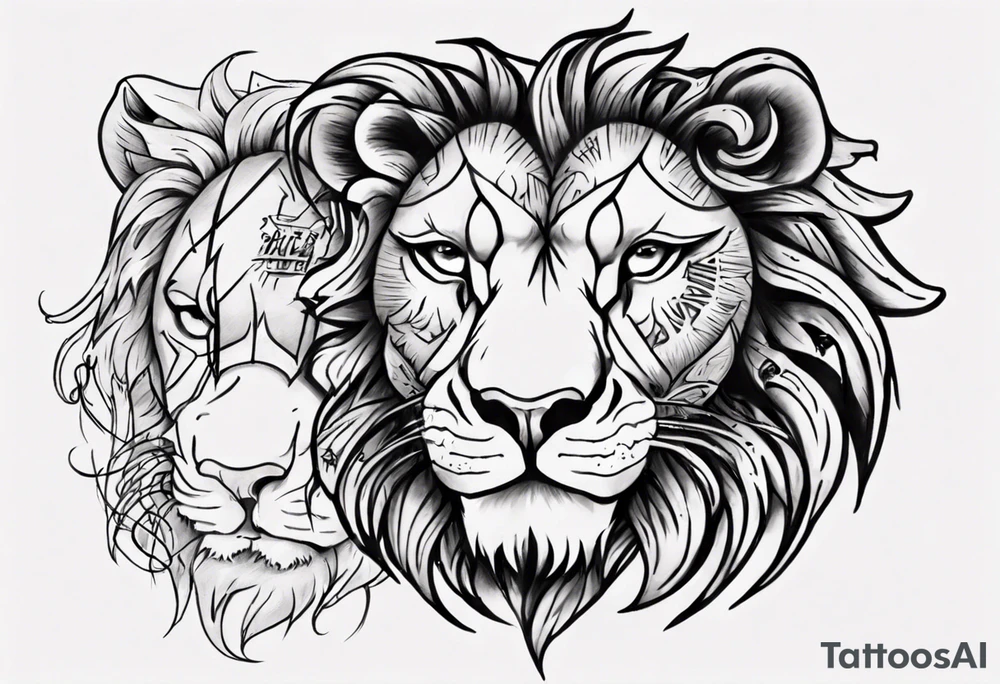 half lion face half words tattoo idea