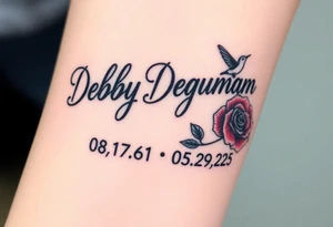 Tattoo of the exact name Debby Deguzman in chunky bold curly cursive with the exact dates of 08/17/61-05/29/25 surrounded by 1 hummingbird and 1 rose tattoo idea