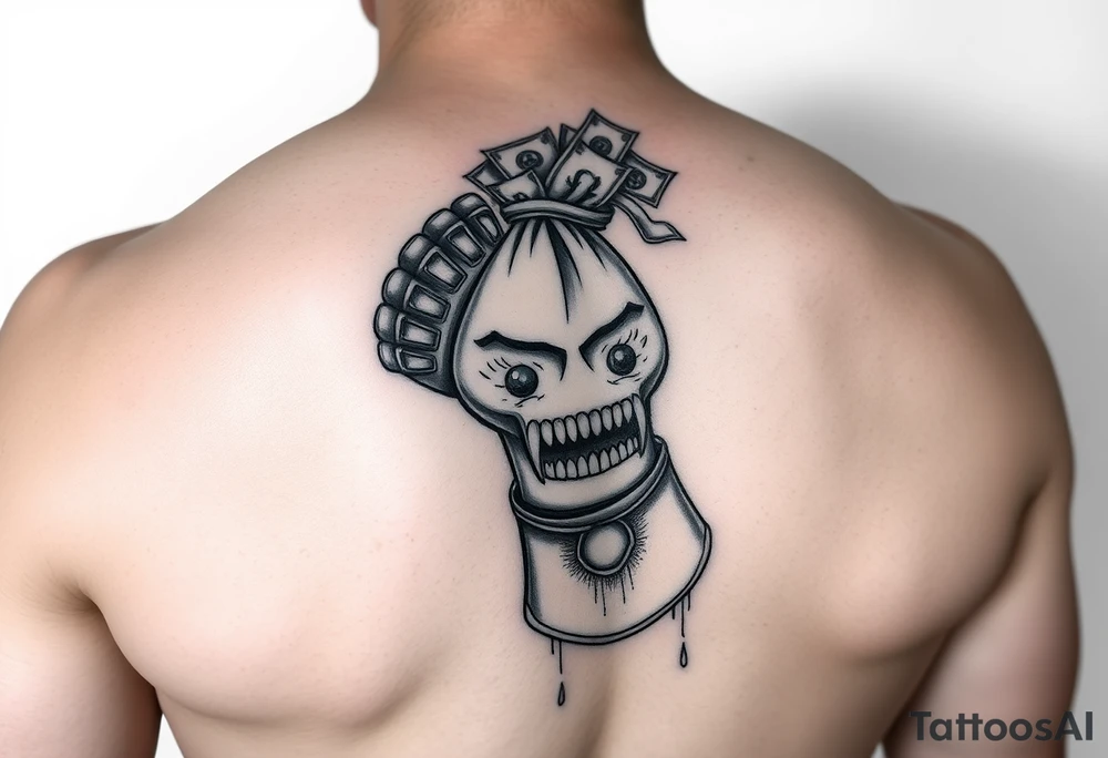 Infinity gauntlet holding a money bag that has a face and sharp teeth with money coming out the top tattoo idea