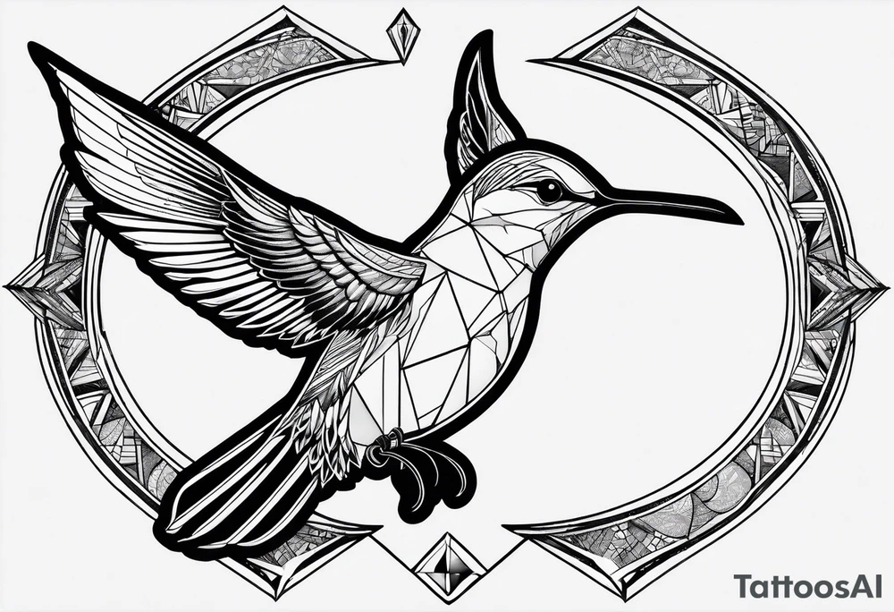Line of symbols, double triangle, unclosed delta, crescent moon, hummingbird tattoo idea