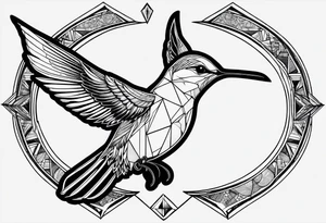 Line of symbols, double triangle, unclosed delta, crescent moon, hummingbird tattoo idea