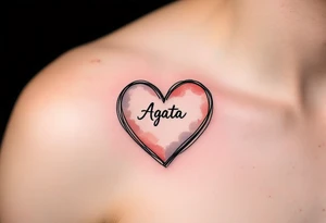 A black heart outline with the name "Agata" written inside, surrounded by a faded watercolor gradient of soft peach and red tones. tattoo idea