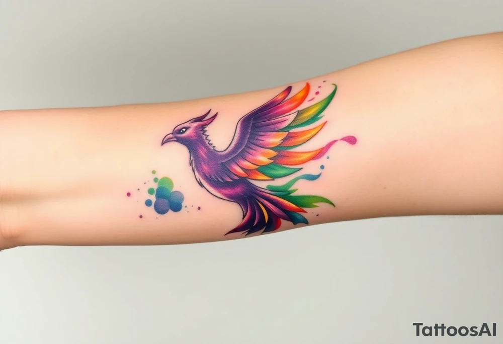 Phoenix with blazing flames with purple and green splashes tattoo idea