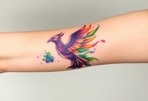 Phoenix with blazing flames with purple and green splashes tattoo idea