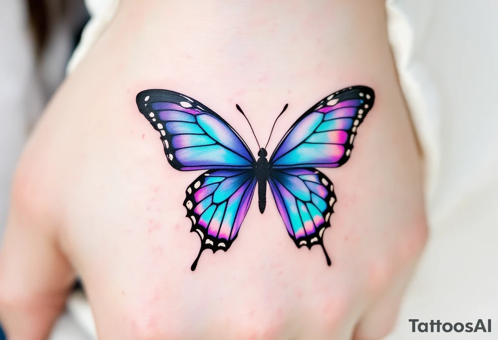 One has a half butterfly wing in shades of blue and violet, the other the mirrored wing, completing the butterfly across both bodies. tattoo idea