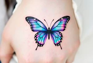 One has a half butterfly wing in shades of blue and violet, the other the mirrored wing, completing the butterfly across both bodies. tattoo idea