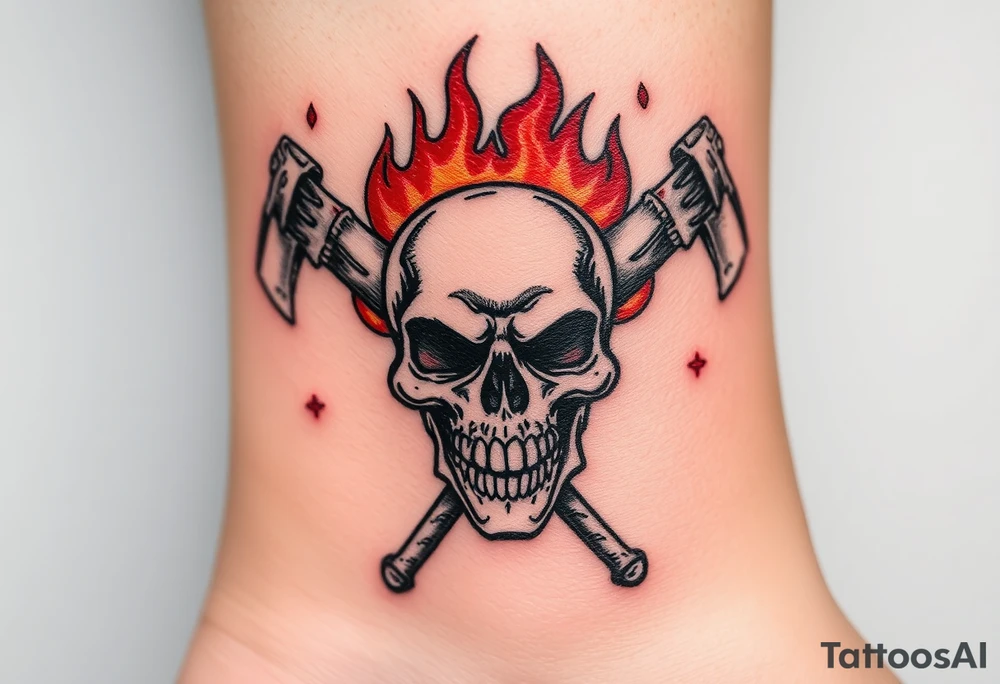 A flaming skull with firefighter axes crossed behind it, with deep reds, oranges, and glowing embers for a bold, intimidating design tattoo idea