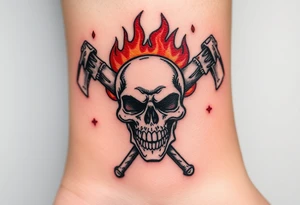 A flaming skull with firefighter axes crossed behind it, with deep reds, oranges, and glowing embers for a bold, intimidating design tattoo idea