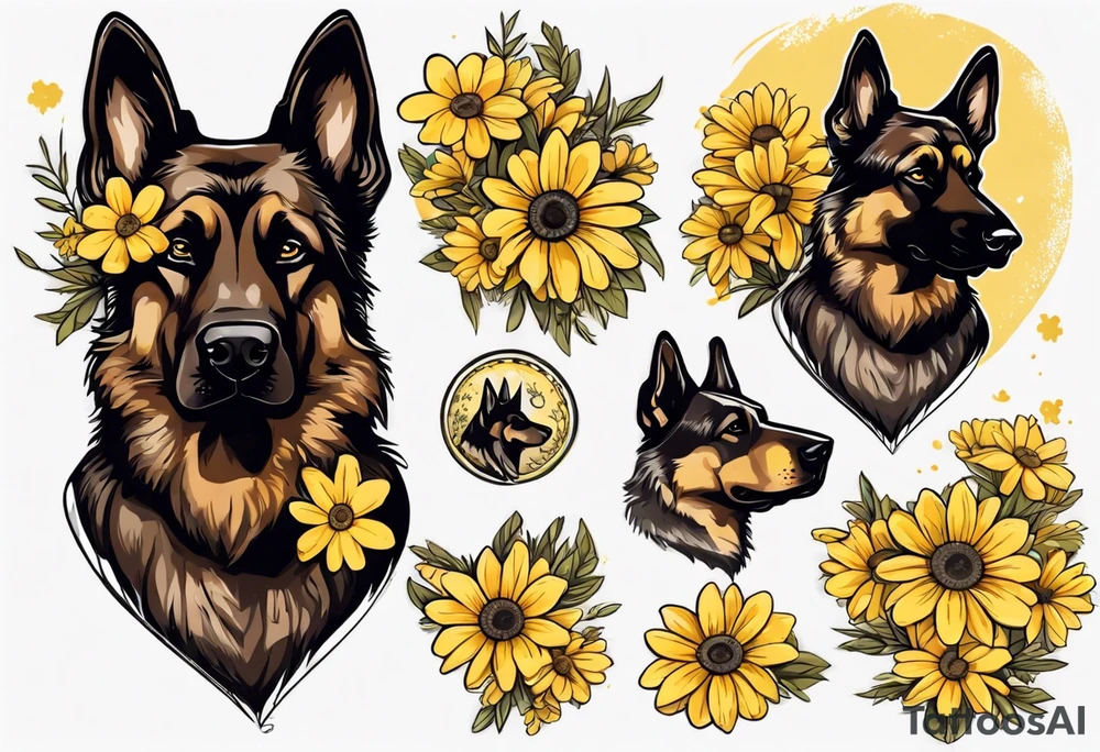 Dark Brown German shepherd portrait surrounded by yellow daisies tattoo idea