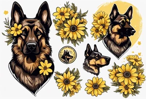 Dark Brown German shepherd portrait surrounded by yellow daisies tattoo idea