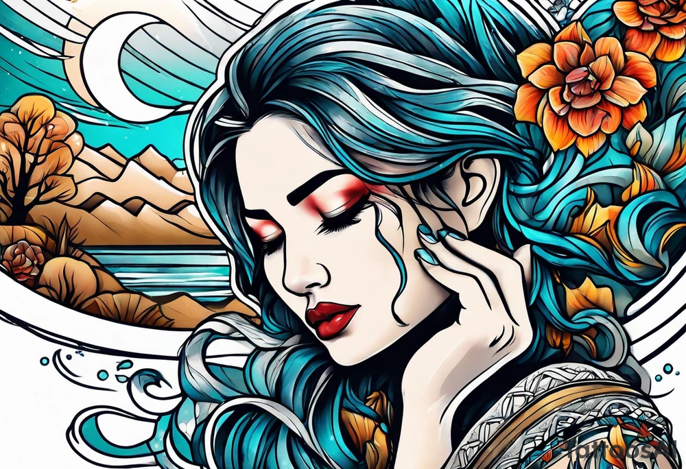 Woman crying at a river tattoo idea
