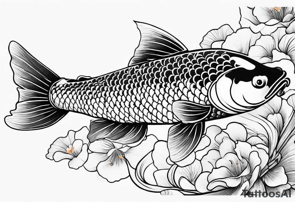 elegant Koi fish wit log tail and pearls, ginkgo leaf, white background tattoo idea