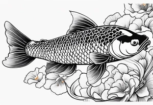elegant Koi fish wit log tail and pearls, ginkgo leaf, white background tattoo idea