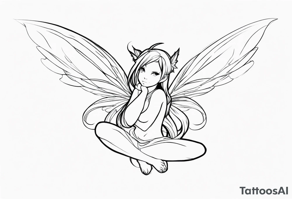 No color sketch of a fairy with a tail inspired by the guild symbol in the anime show called Fairy Tail in a fetal position leaning forward while crawled in and her body is an angle while floating in the air with big wings tattoo idea