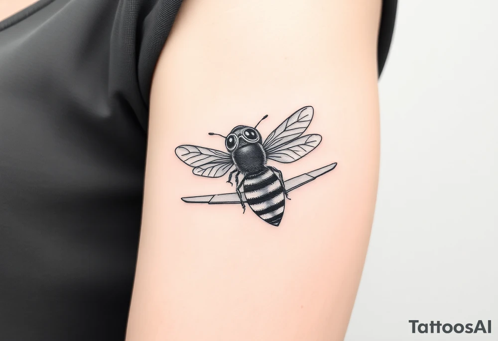 bee with a pilots hat flying next to an airplane tattoo idea