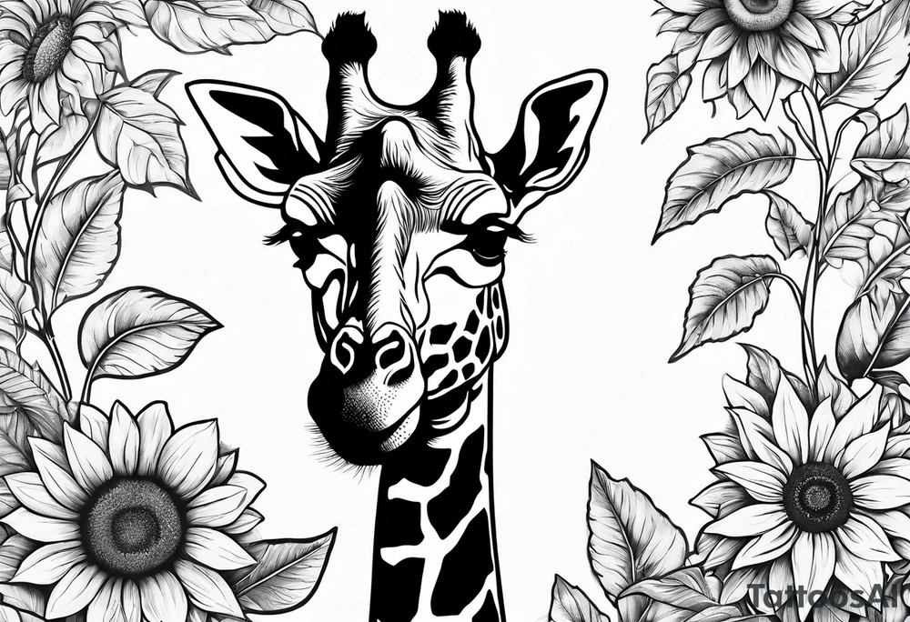 giraffe with sunflower and leafs tattoo idea