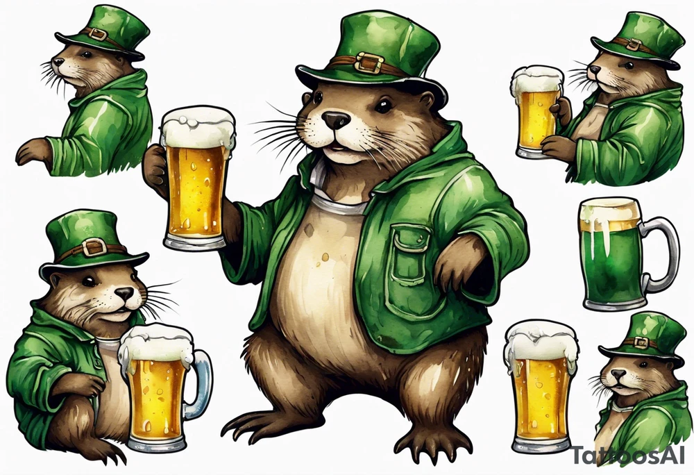 a medieval fat otter wearing green overalls and a tattered hat drinking from a stein of beer tattoo idea