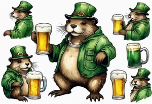 a medieval fat otter wearing green overalls and a tattered hat drinking from a stein of beer tattoo idea