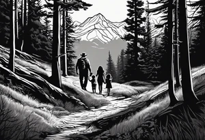 A shadow of a Man and Woman and young son and young daughter  walking through the Pacific Northwest Forrest. Crosses. tattoo idea