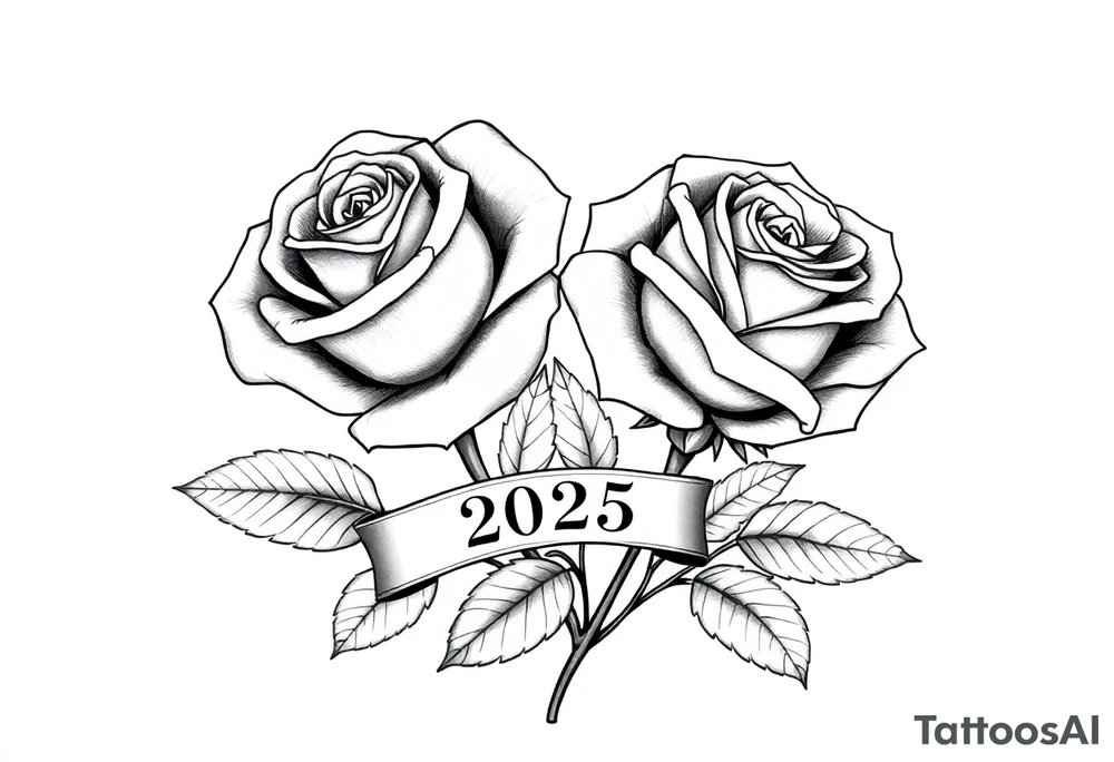 two beautiful large rose buds, one larger than the other, with lots and lots of leaves next to the rose buds, with one sitting slightly higher than the other, side-by-side.  Include a banner connecting the two roses with the year 2025 on it.   Use dark outlines with little shading. No stems tattoo idea