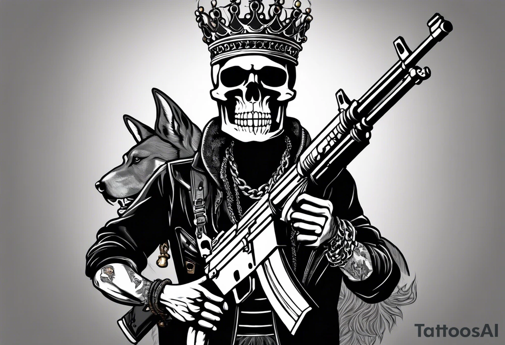 image of a skeleton standing frontally with a crown on his head, holding an AK-47 on his shoulder with his right hand. The chain on the left should be taut, there are three angry barking Dobermans in it, near the waist tattoo idea