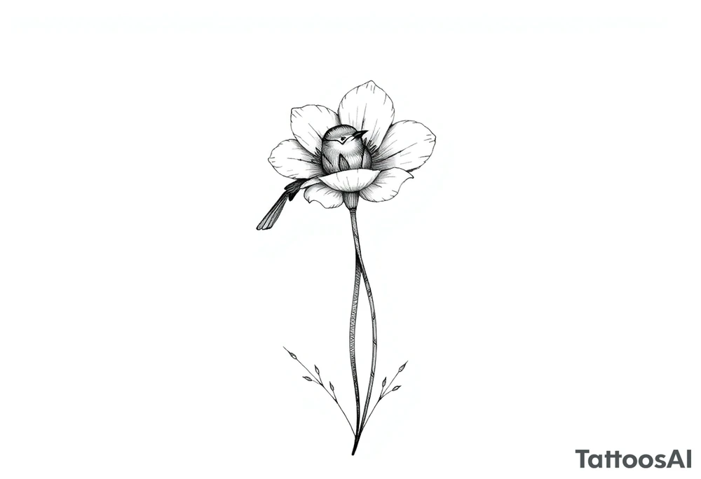 Small bird poppy flower daffodil flower vertical tattoo idea