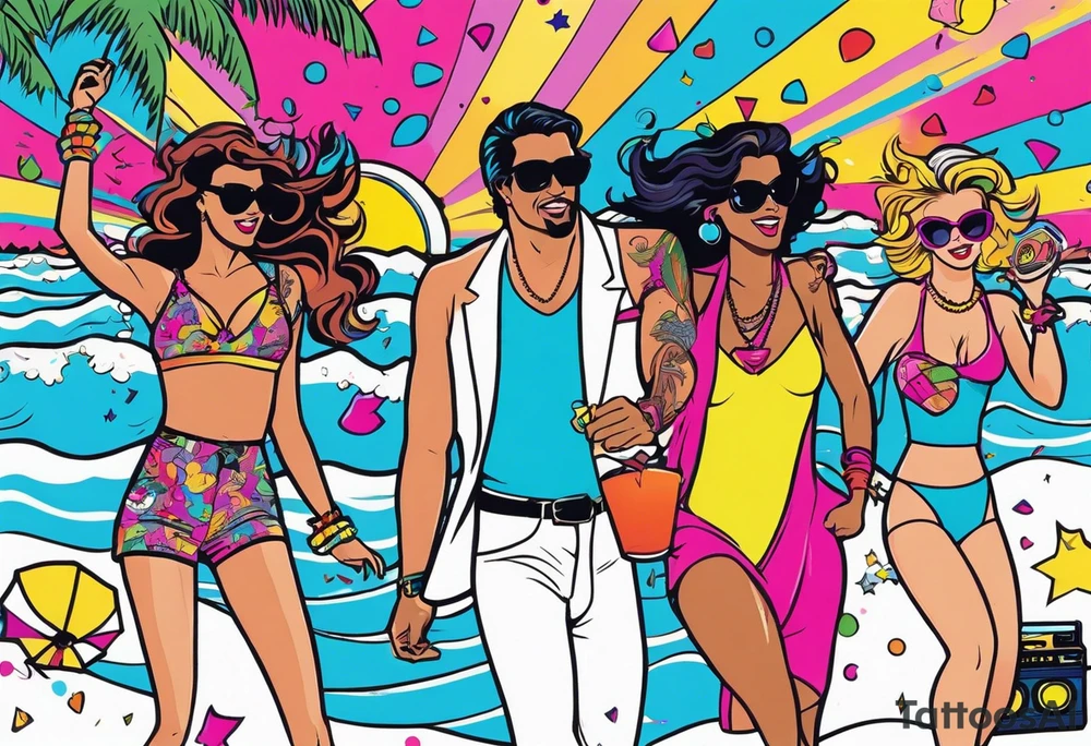 1980's miami vice style beach dance 
party, include confetti, music notes, boom box, bikinis tattoo idea