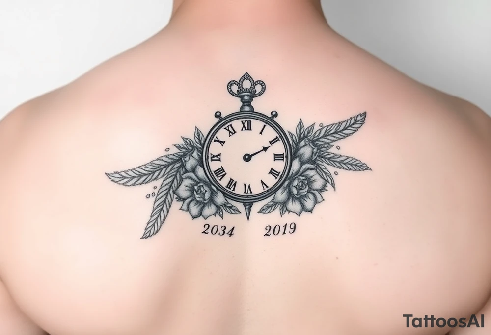 In memory of daddy feathers 
and roses with clock dates tattoo idea