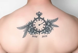 In memory of daddy feathers 
and roses with clock dates tattoo idea