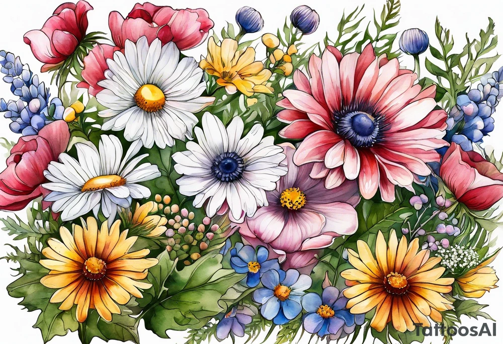 wildflowers cascading with thistles, ferns, white anemones, sun flowers, buttercups, pink flowers, red flowers, babys breath and daisies all in watercolor tattoo idea
