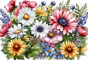 wildflowers cascading with thistles, ferns, white anemones, sun flowers, buttercups, pink flowers, red flowers, babys breath and daisies all in watercolor tattoo idea
