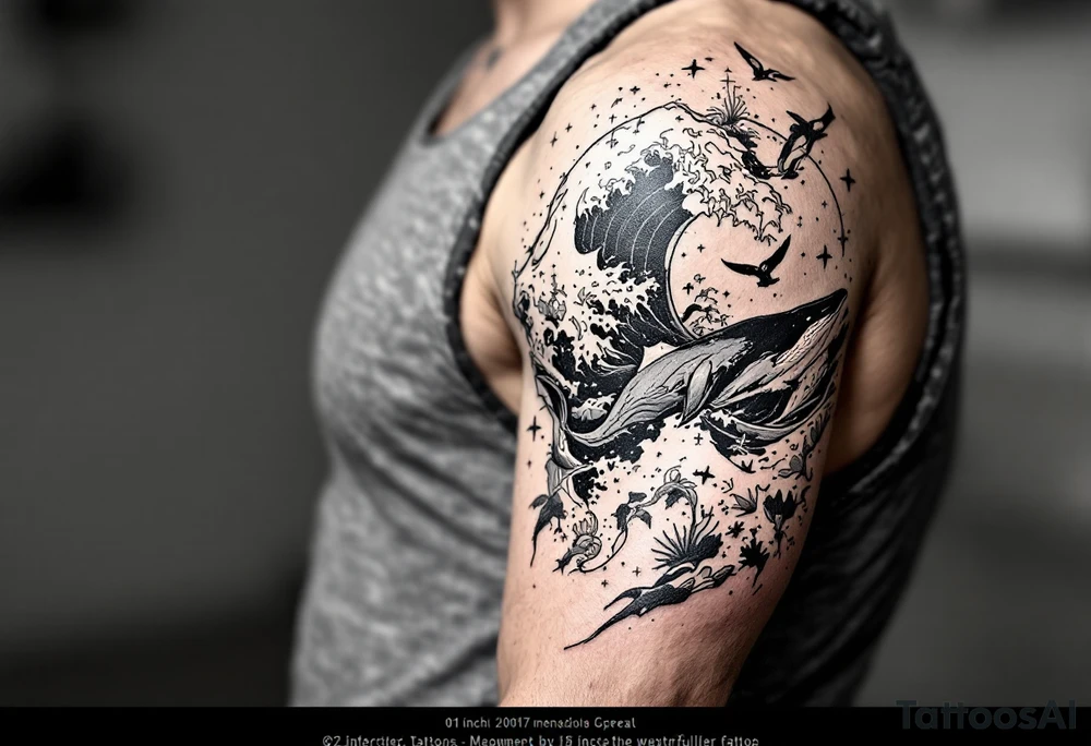 Fine line powerful ocean half sleeve with a wave, a whale and other elements with some shading tattoo idea