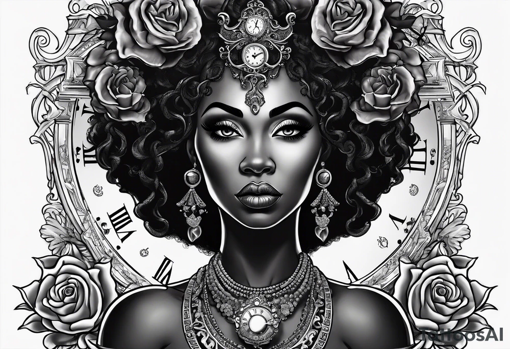 A black African queen Medusa, with blank eyes, a candle lit with smoke coming from the flame, a granddaddy clock with roses tattoo idea