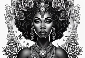 A black African queen Medusa, with blank eyes, a candle lit with smoke coming from the flame, a granddaddy clock with roses tattoo idea